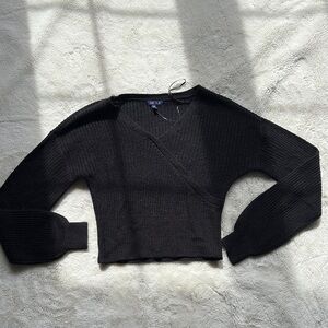 UK2LA Black Ribbed Knit Wrap Sweater Crop Top - Long Sleeve Size Small